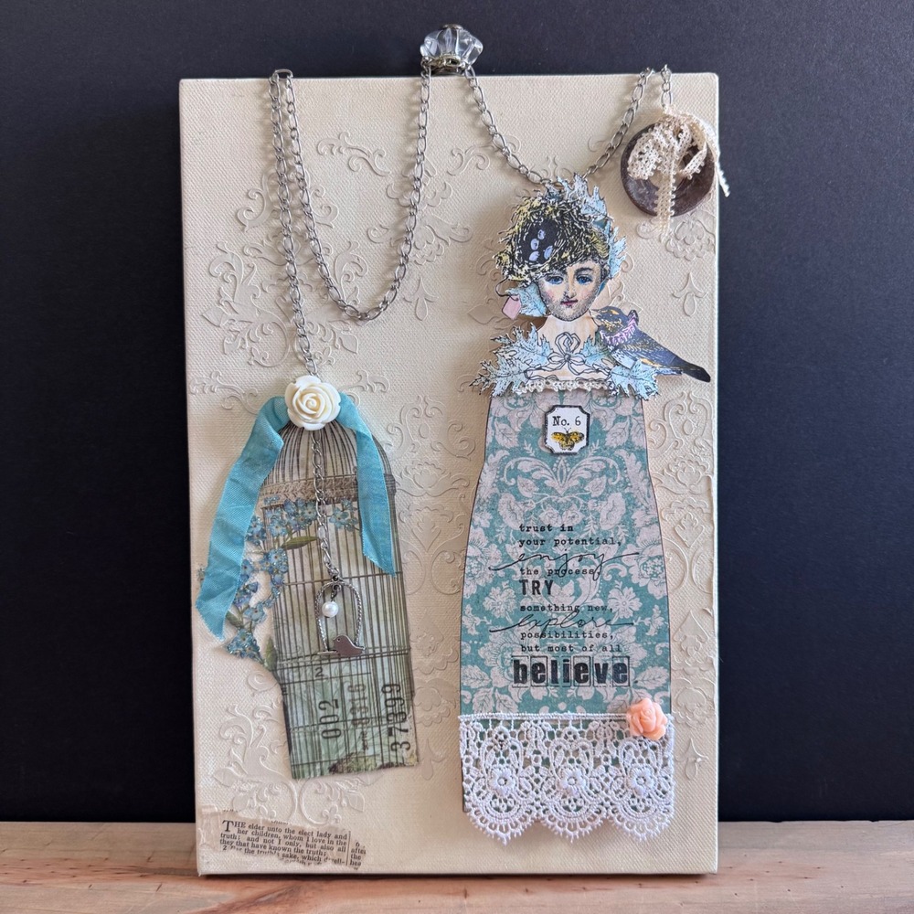 HANDMADE mixed media wall art vintage lady cutout, birdcage, chain, lace, flower